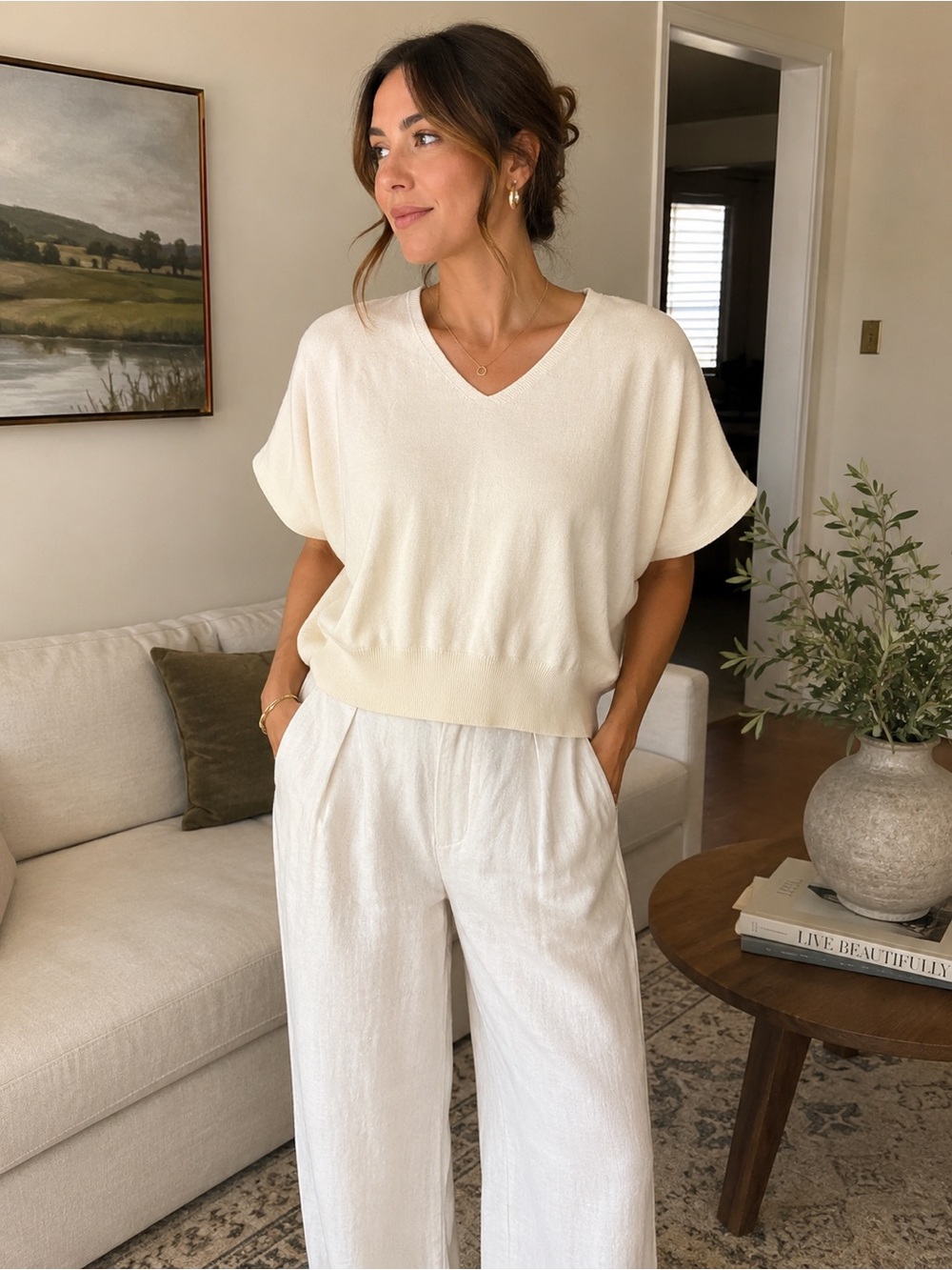 The Reset R Label 100% Wool Ivory Dolman Sleeve V-Neck Sweater L Top